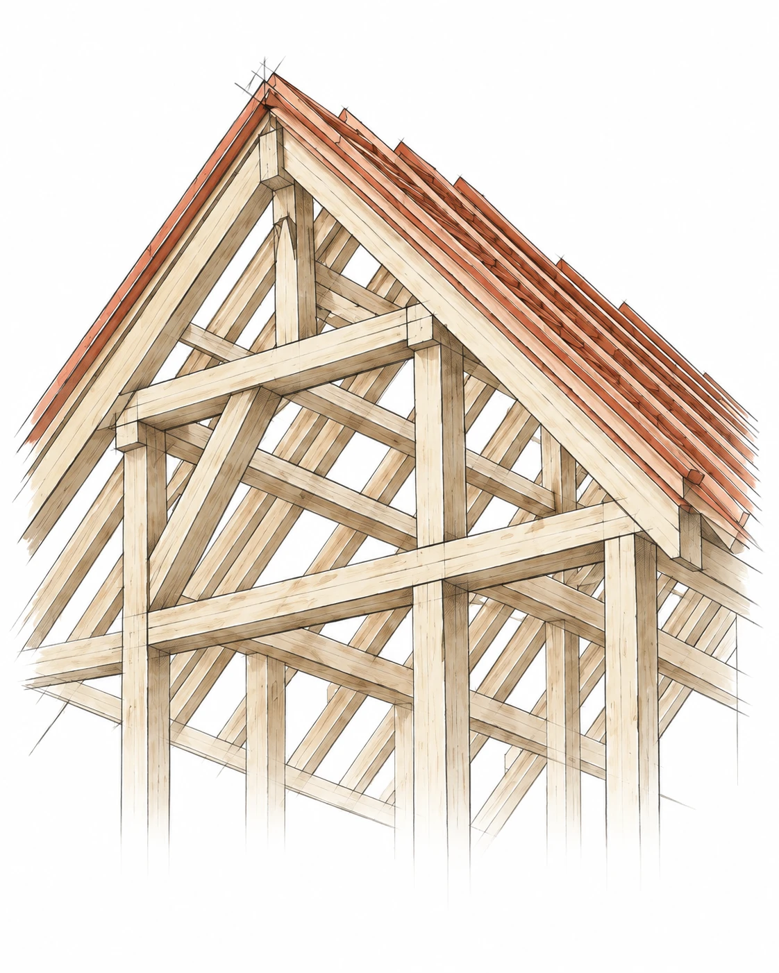 Gezeichnete Dachkonstruktion aus Holz mit ziegelroten Sparren.