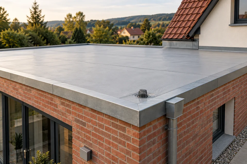 Flachdach eines Anbaus mit heller Abdichtungsfläche und Metallabschluss.