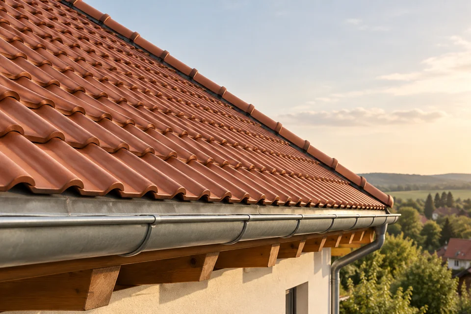 Ziegelrotes Steildach mit Metallrinne und hölzernem Dachüberstand.